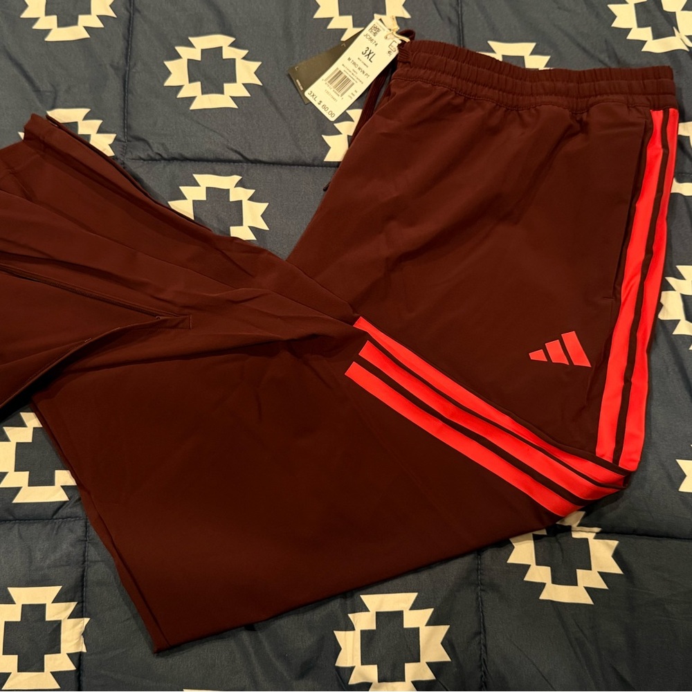 Adidas Men's Burgundy Joggers with Red Stripes